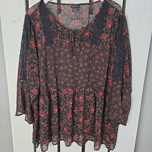 Torrid Rose Chiffon Sheer Blouse Top 3x Bell Sleeve Black Red Rose Dark Romantic